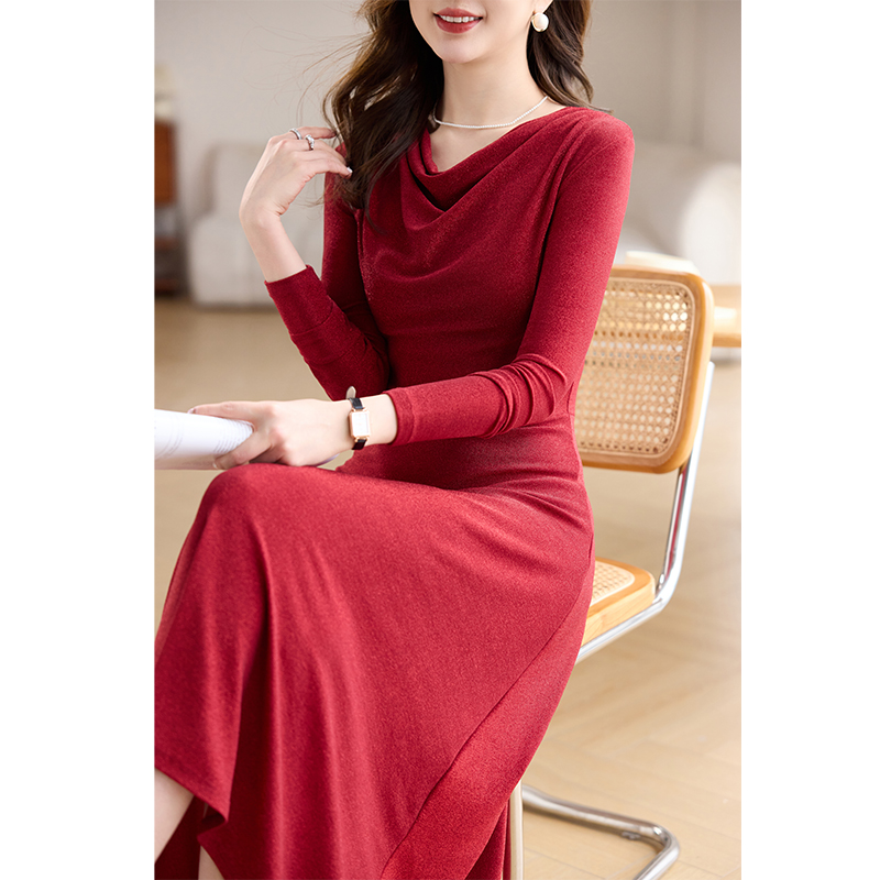 春秋2025新款气质洋气荡领长裙子长款内搭显瘦网纱长袖连衣裙女装