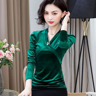 加绒打底衫女秋冬2019新款洋气长袖t恤修身百搭v领金丝绒上衣保暖