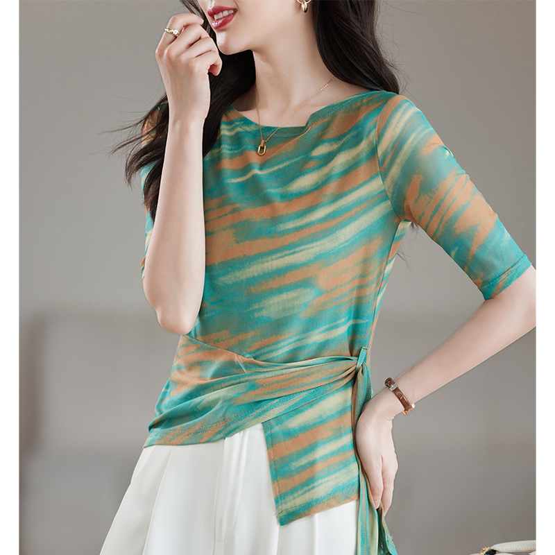 遮肉舞蹈圆领夏季网纱印花洋气