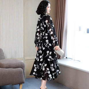 中长款 长袖 妈妈气质大码 2020新款 收腰显瘦碎花裙 雪纺连衣裙女秋装