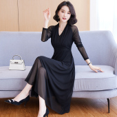 v领长款 大码 收腰显瘦气质洋气长裙 2025新款 春秋网纱连衣裙女长袖