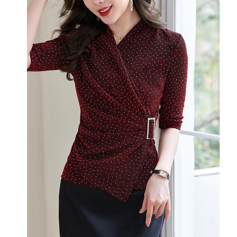 闪闪满钻2025夏季五分袖新款衬衫女收腰遮肉T恤洋气淑女气质上衣