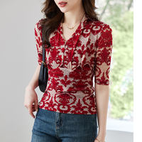 Summer printed mid-sleeved mesh top 2026 new style, stylish, elegant and slimming V-neck blouse, fashionable T-shirt for women thumbnail 5