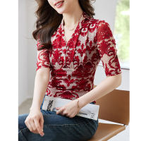 Summer printed mid-sleeved mesh top 2026 new style, stylish, elegant and slimming V-neck blouse, fashionable T-shirt for women thumbnail 3