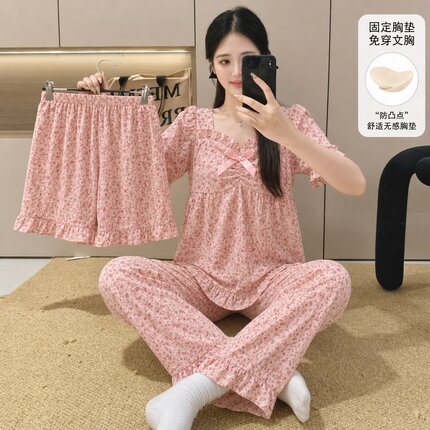 粉碎花睡衣女夏季带胸垫短袖短裤长裤学生舒适家居服三件套装
