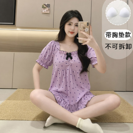 韩版带胸垫两件套睡衣女夏季云朵棉短袖短裤少女甜美家居服套装