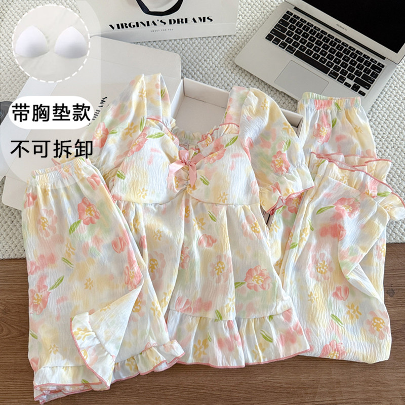 带胸垫夏季新款睡衣ins云朵棉个性短袖家居服高级感甜美三件套装