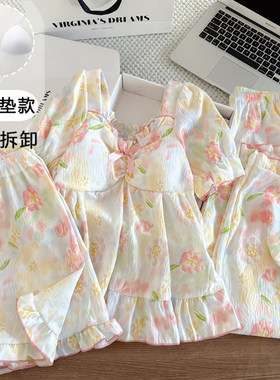 带胸垫夏季新款睡衣ins云朵棉个性短袖家居服高级感甜美三件套装