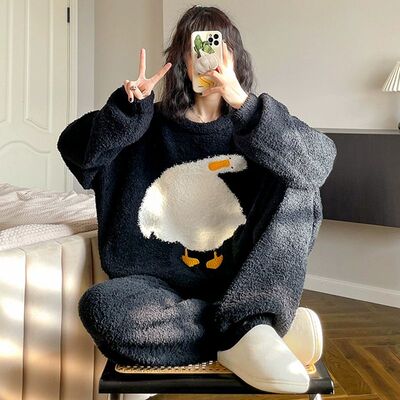 韩系可爱猫咪加厚半边绒睡衣女冬季长袖长裤珊瑚绒外穿家居服ins