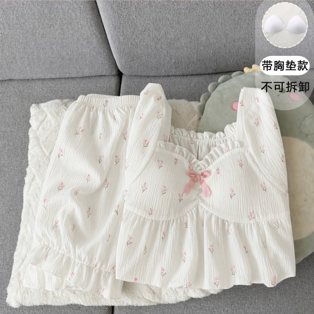 韩版带胸垫两件套睡衣女夏季云朵棉短袖短裤少女甜美家居服套装