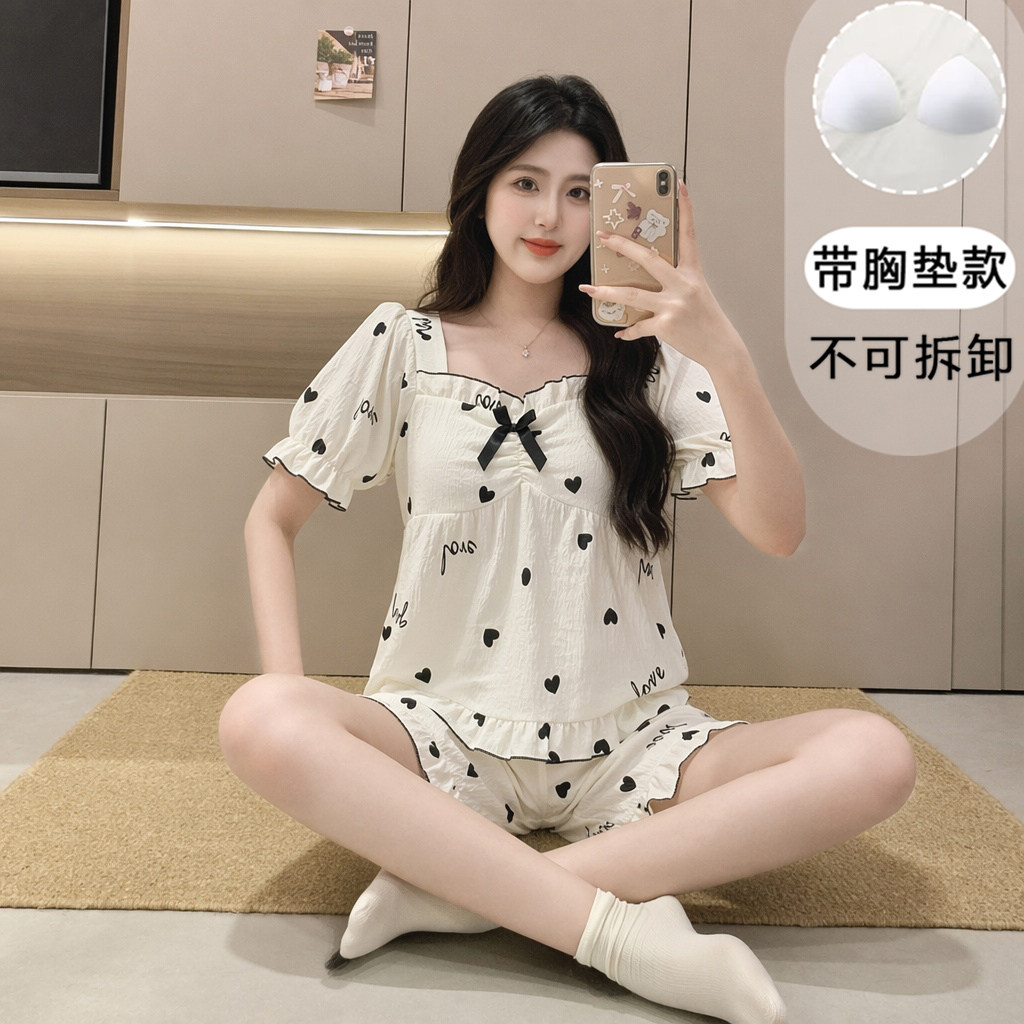 带胸垫夏季新款睡衣ins云朵棉个性短袖家居服高级感甜美两件套装