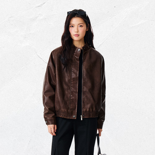 PSO Brand女装复古棕色拼接水洗立领皮夹克棉服机车服皮衣外套潮
