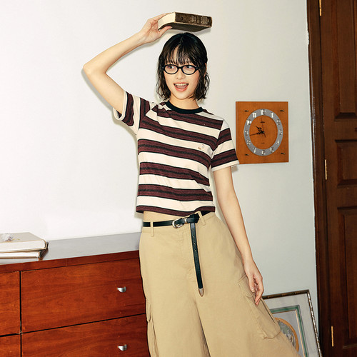 PSO Brand女装美式学院风慵懒感短款遛狗小人条纹短袖修身显瘦夏