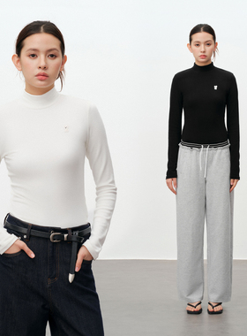 PSO Brand女装可爱小狗高领修身显瘦长袖t恤女保暖打底衫黑色上衣