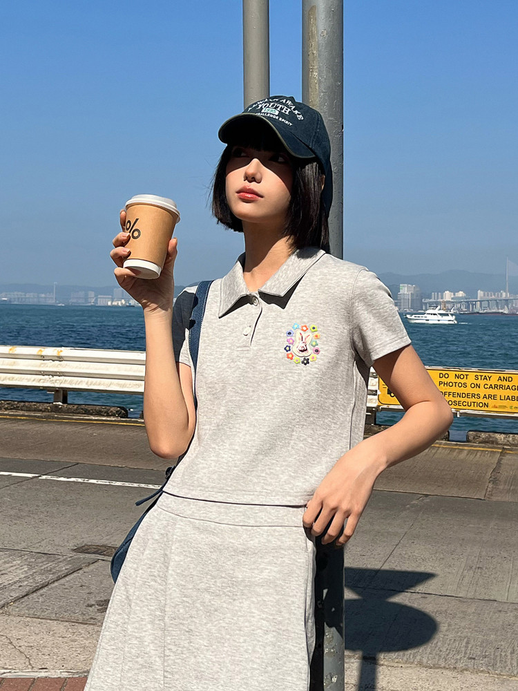 PSO BRAND 290G COOL COTTON PIQUE FABRIC FLOWER BUNNY SHORT SLEEVE POLO SHIRT WOMENS SUMMER LAPEL T-SHIRT