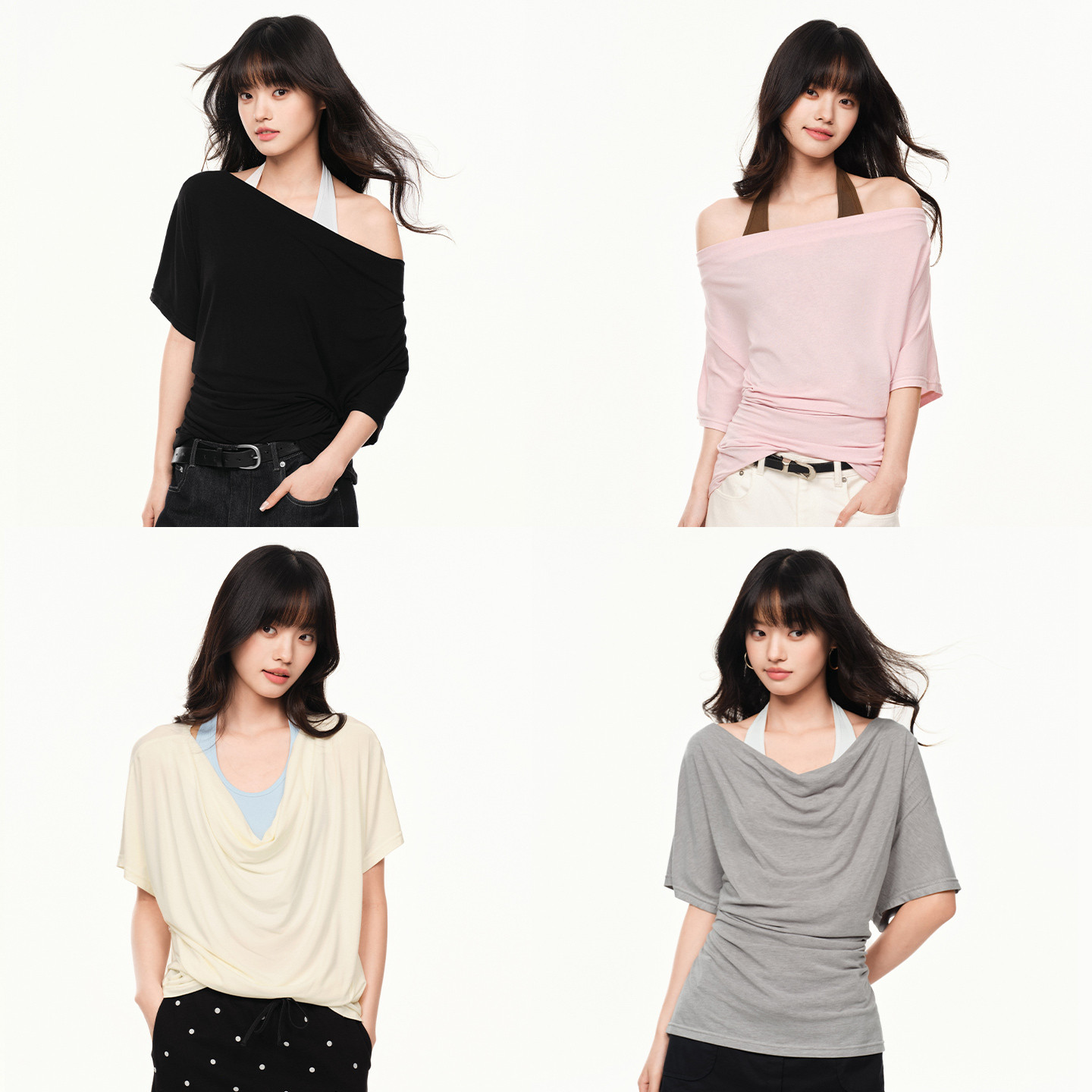 PSO Brand女装两件套修身收腰荡领一字肩上衣挂脖背心短袖t恤女