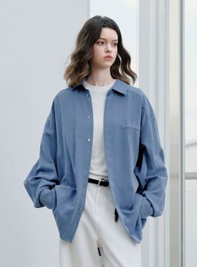 PSO Brand男装女装莱赛尔翻领蓝色衬衫女款长袖衬衣情侣外套潮牌