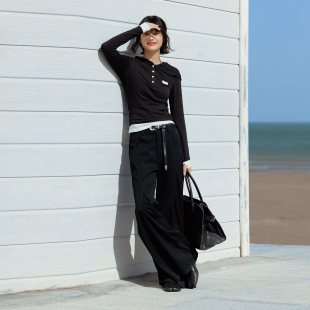 T恤女秋季 假两件亨利领莫代尔撞色长袖 上衣百搭潮牌 Brand女装 PSO