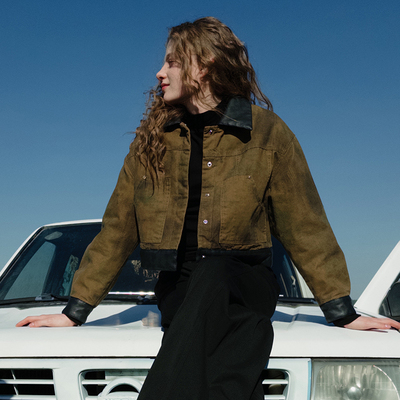 PSO Brand 渐变棕色女款短外套复古仿牛仔撞色领棉服夹克上衣高街