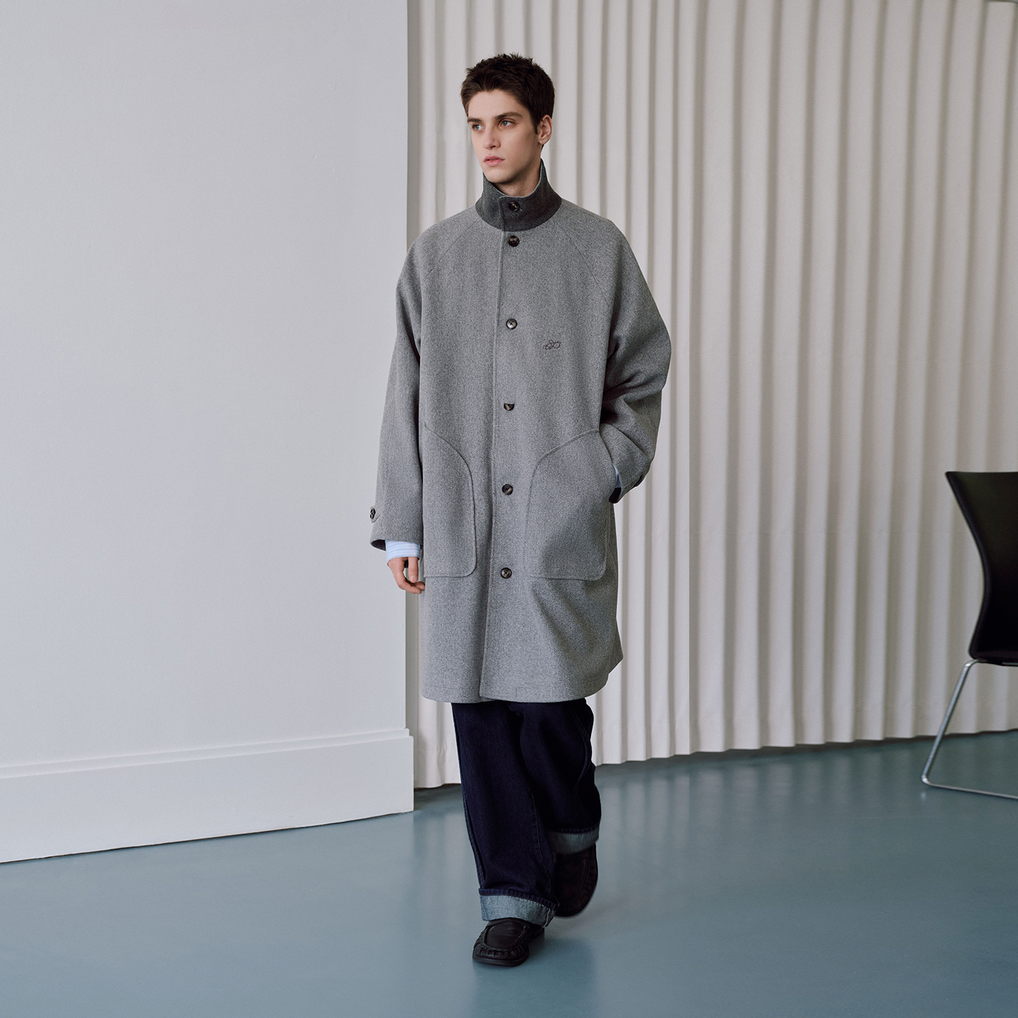 PSO Brand男装女装拼色可立领上衣加厚宽松中长款毛呢大衣外套