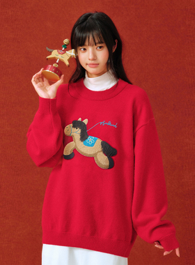 PSO Brand男装女装【马年限定款】圆领红色毛衣本命年针织外套