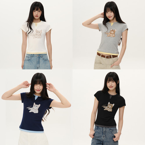 PSO Brand 女装可爱小猫假两件v领上衣正肩女T恤修身短袖体恤潮牌