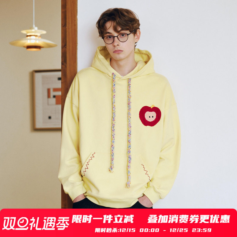 PSO Brand男装女装可爱苹果撞色绣花宽松加绒加厚连帽卫衣外套冬