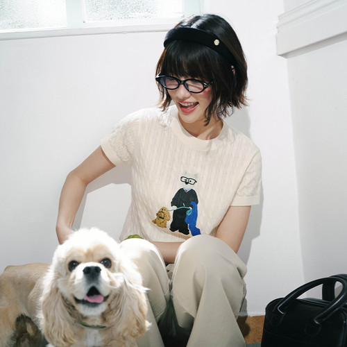 PSO Brand女装短袖可爱西高地针织羊毛混纺小狗印花夏季T恤上衣潮