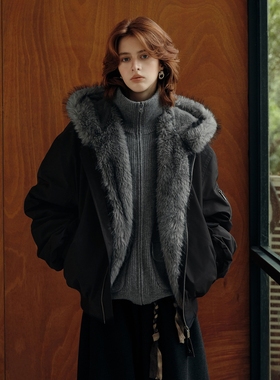 PSO Brand男装女装美式毛领连帽厚外套女款宽松拉链飞行夹克潮