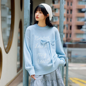 仿马海毛蝴蝶结刺绣文字套头圆领毛衣针织衫 PSO Brand女装 上衣秋