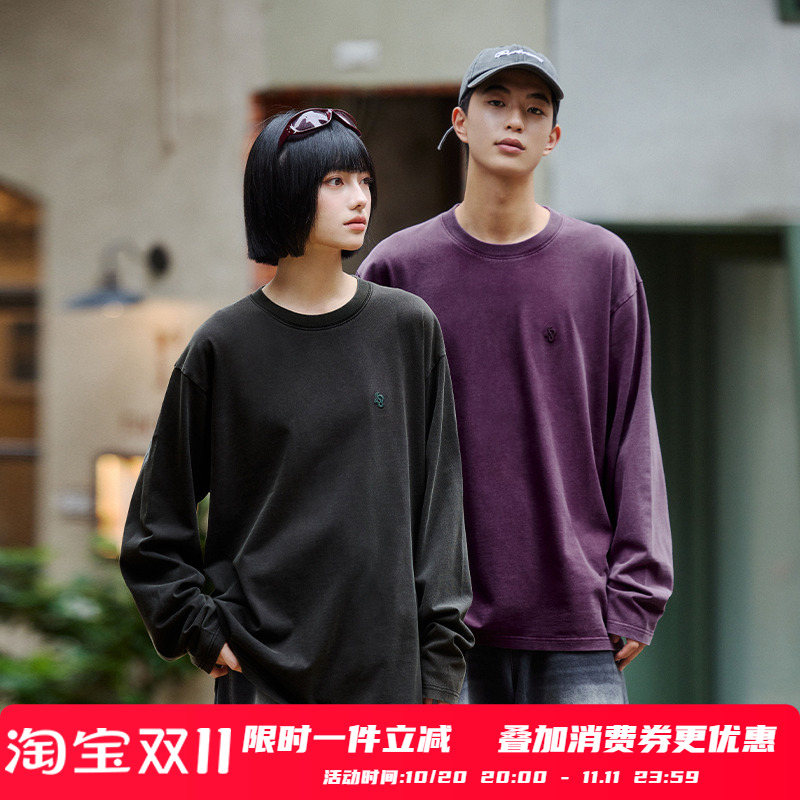 PSO Brand男装女装230克32支双纱刺绣做旧褪色美式长袖T恤宽松