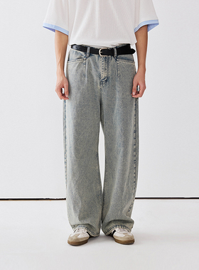 PSO Brand男装女装【如雪花般纹理】斜纹美式水洗蓝色牛仔弯刀裤