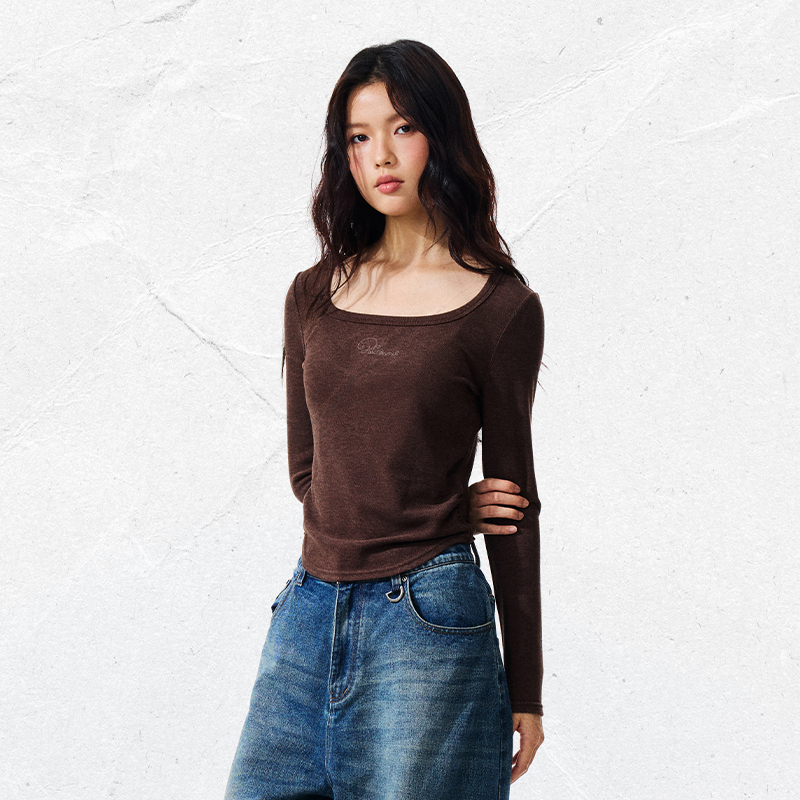 PSO Brand女装发热保暖磨毛针织刺绣方领长袖T恤打底修身上衣内搭