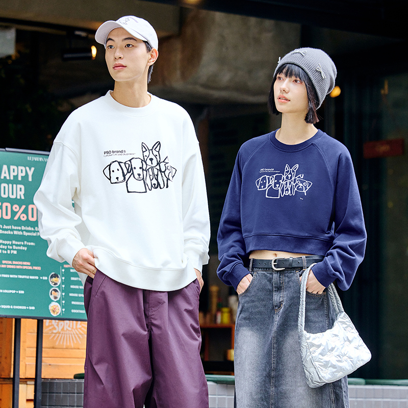 PSO Brand男装女装360克针织涂鸦小狗纯色圆领卫衣宽松休闲上衣