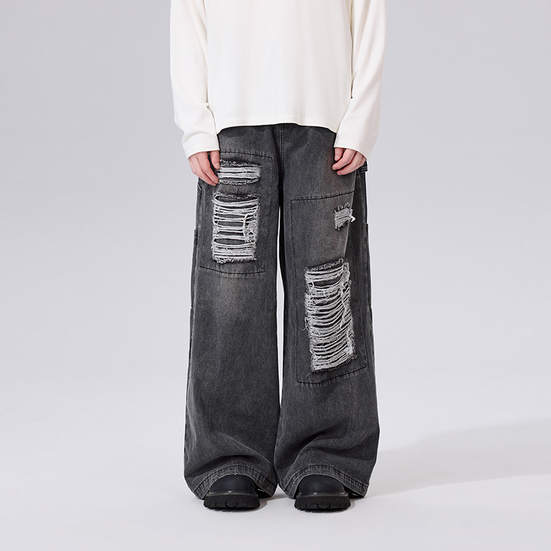 PSO Brand男装女装水洗贴布做旧破洞直筒宽松牛仔裤潮牌拖地裤