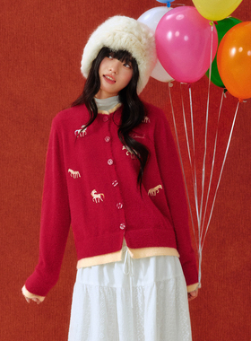 PSO Brand女装【马年限定款】假两件本命年红色毛衣开衫外套冬季