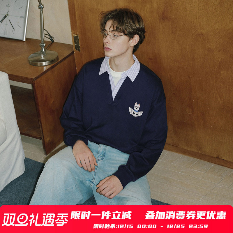 PSO Brand男装女装假两件条纹V领长袖宽松POLO卫衣男款外套情侣装