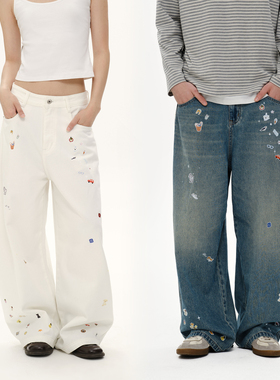 PSO Brand男装女装美式宽松直筒白色牛仔裤男款阔腿休闲长裤情侣