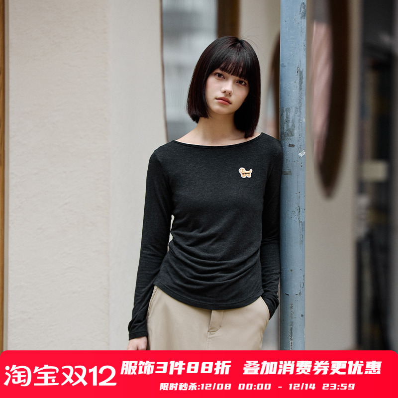 PSO Brand女装弹力针织刺绣小狗一字领抽褶长袖T恤内搭打底衫上衣