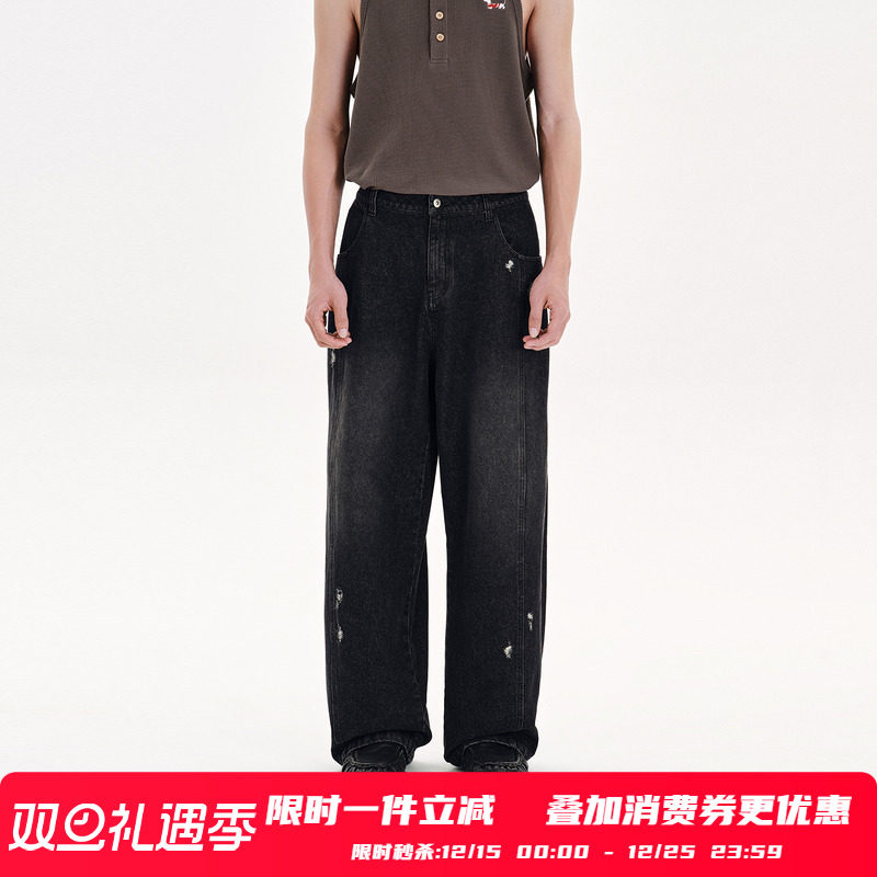 PSO Brand男装女装美式水洗轻磨破洞牛仔裤男款直筒宽松弯刀长裤