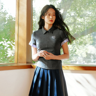 上衣夏 PSO Brand女装 假两件可爱小熊徽章印花学院风短袖 POLO半袖