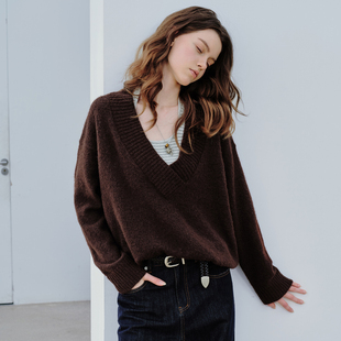 宽松毛衣背心休闲挂脖上衣 假两件条纹大V领针织衫 PSO Brand女装