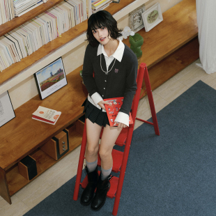 Brand女装 上衣秋季 假两件V领 学院风针织撞色POLO长袖 美式 PSO