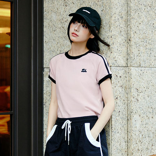 PSO Brand男装女装速干可爱小狗撞色条纹粉色短袖情侣装上衣女夏