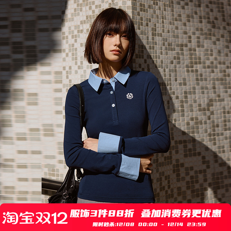 PSO Brand女装【假两件】美式学院风衬衫领POLO长袖上衣修身春秋