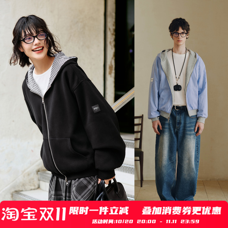 PSO Brand男装女装【双面穿】格纹连帽卫衣宽松长袖拉链外套百搭