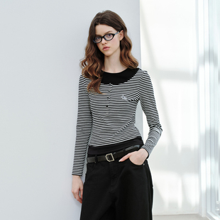 t恤圆领内搭修身 假两件条纹撞色女士长袖 显瘦上衣 Brand女装 PSO