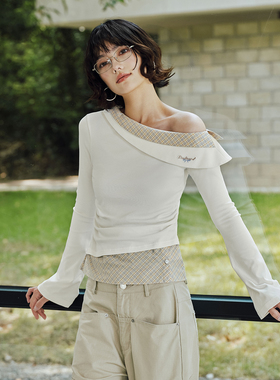 PSO Brand女装假两节拼接蝴蝶结刺绣黑色斜肩上衣修身显瘦长袖T恤