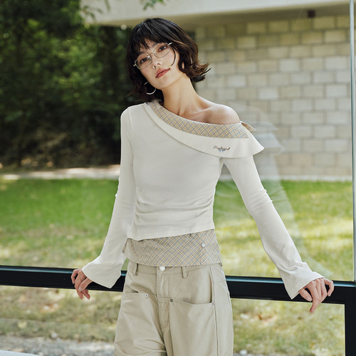 PSO Brand女装假两节拼接蝴蝶结刺绣黑色斜肩上衣修身显瘦长袖T恤