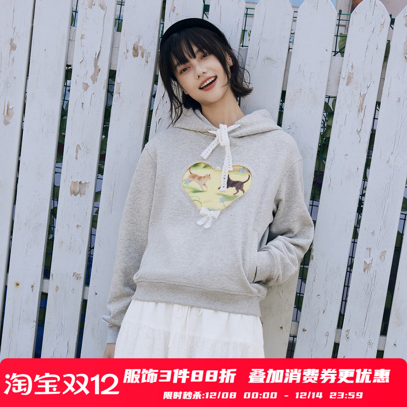 PSO Brand 女装镂空爱心蝴蝶结抓绒帽衫宽松连帽卫衣外套女款秋季